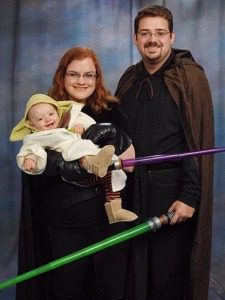 When Lucie was 9 months old, she was Yoda, Jonathan was Luke Skywalker, and I was Mara Jade Skywalker.  Jonathan talked about getting a baby carrier to wear Yoda on his back, but we never got around to purchasing one.